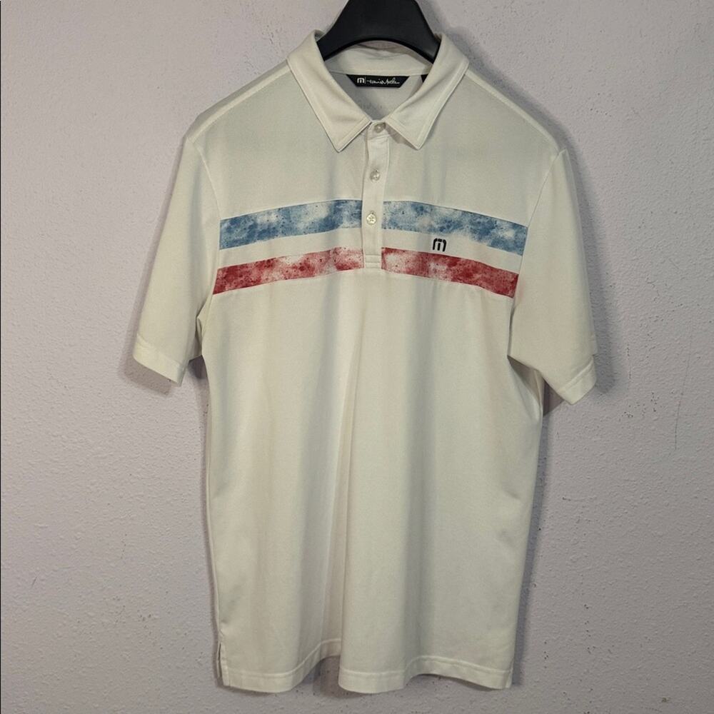 Travis Mathew Men White with Red/Blue Striped Golf Collared Shirt Size L